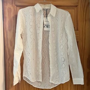 Zara EMBROIDERED EYELET BLOUSE White, XS, New w/ Tags